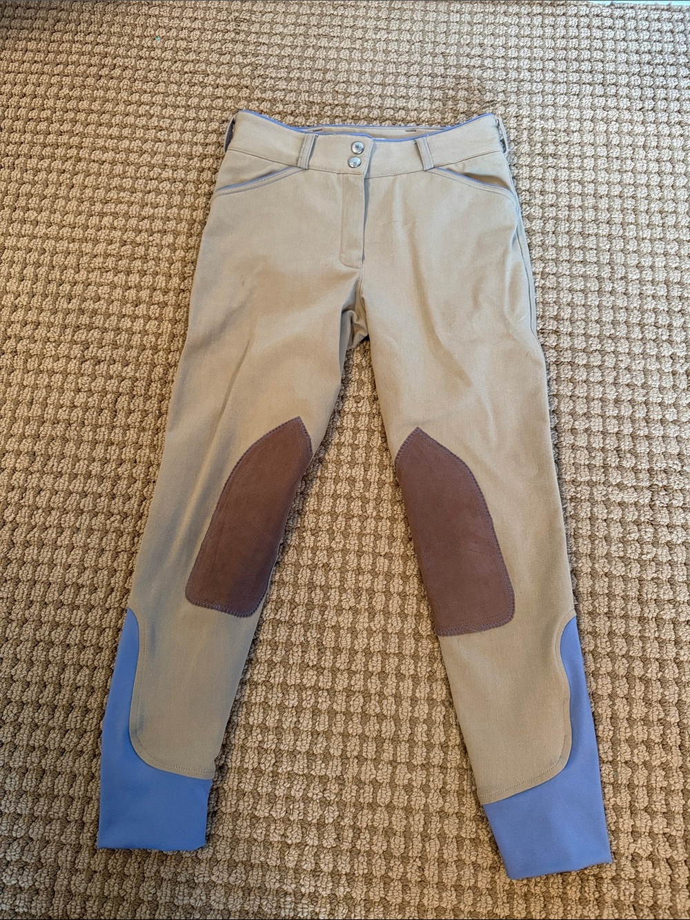 Tan Dover Saddlery Breeches with Brown Knee Patches and Blue accents